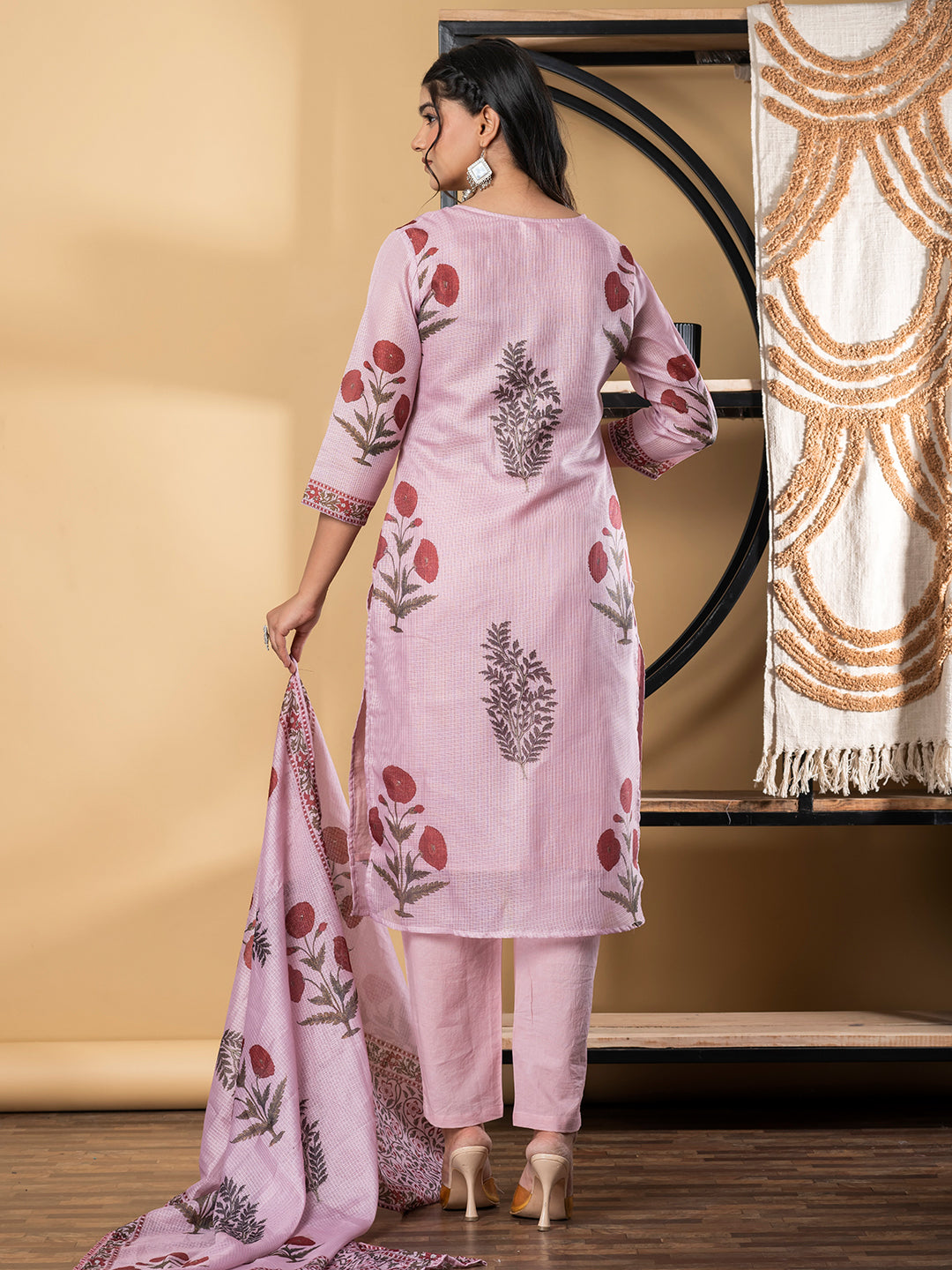 Straight Style Kota Doria Fabric Pink Color Kurta And Bottom With Dupatta