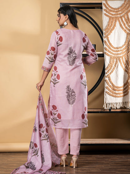 Straight Style Kota Doria Fabric Pink Color Kurta And Bottom With Dupatta