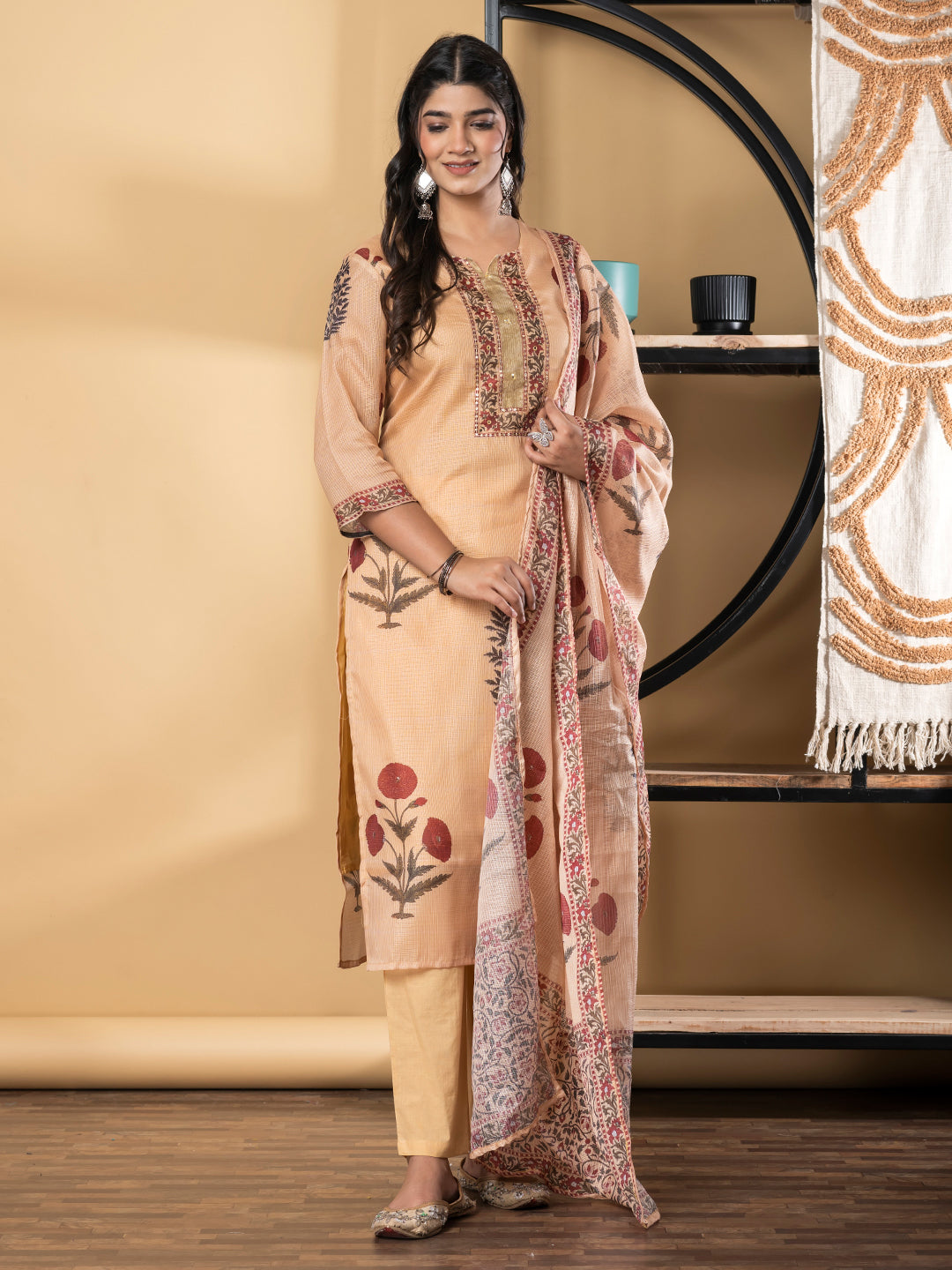 Straight Style Kota Doria Fabric Mustard Color Kurta And Bottom With Dupatta