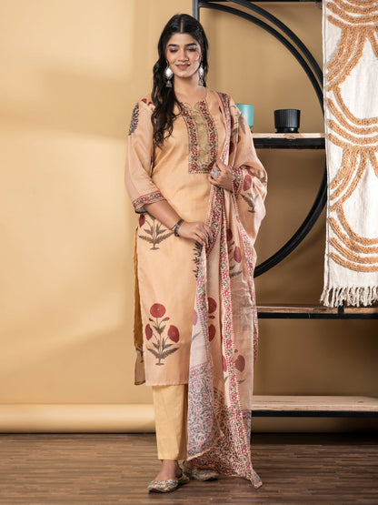 Straight Style Kota Doria Fabric Mustard Color Kurta And Bottom With Dupatta
