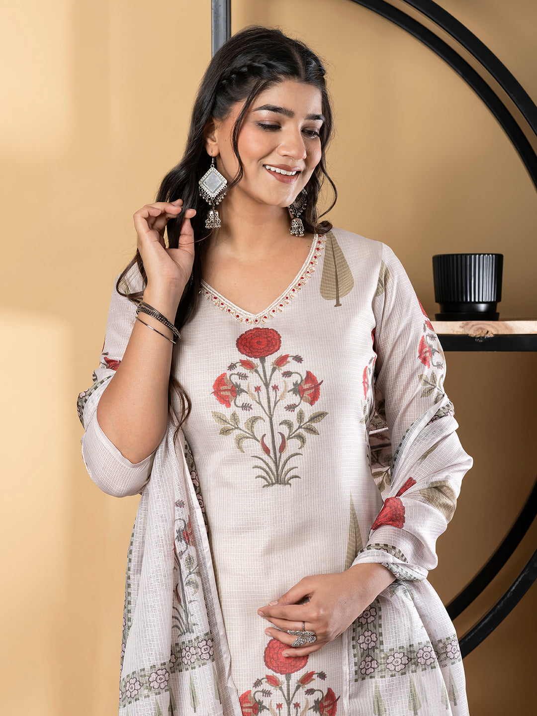 Straight Style Kota Doria Fabric Off White Color Kurta And Bottom With Dupatta
