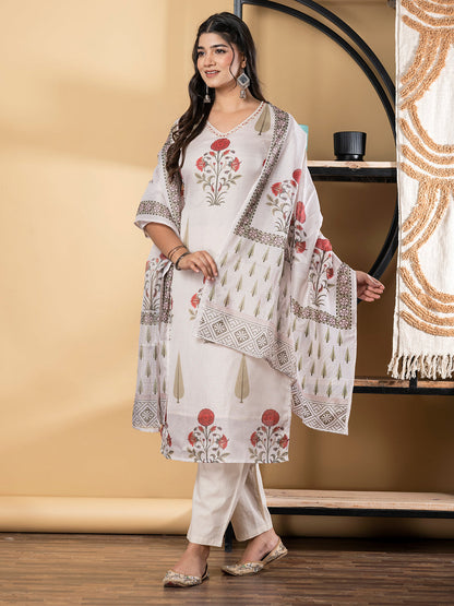 Straight Style Kota Doria Fabric Off White Color Kurta And Bottom With Dupatta