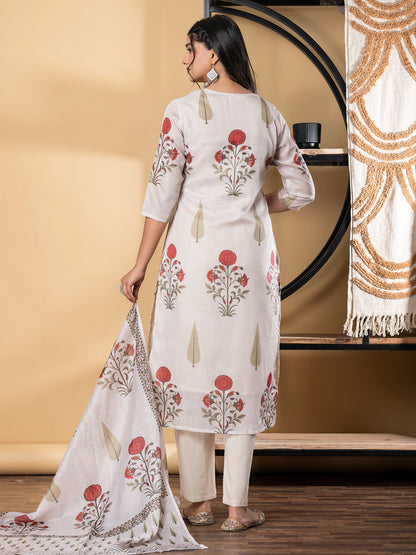 Straight Style Kota Doria Fabric Off White Color Kurta And Bottom With Dupatta