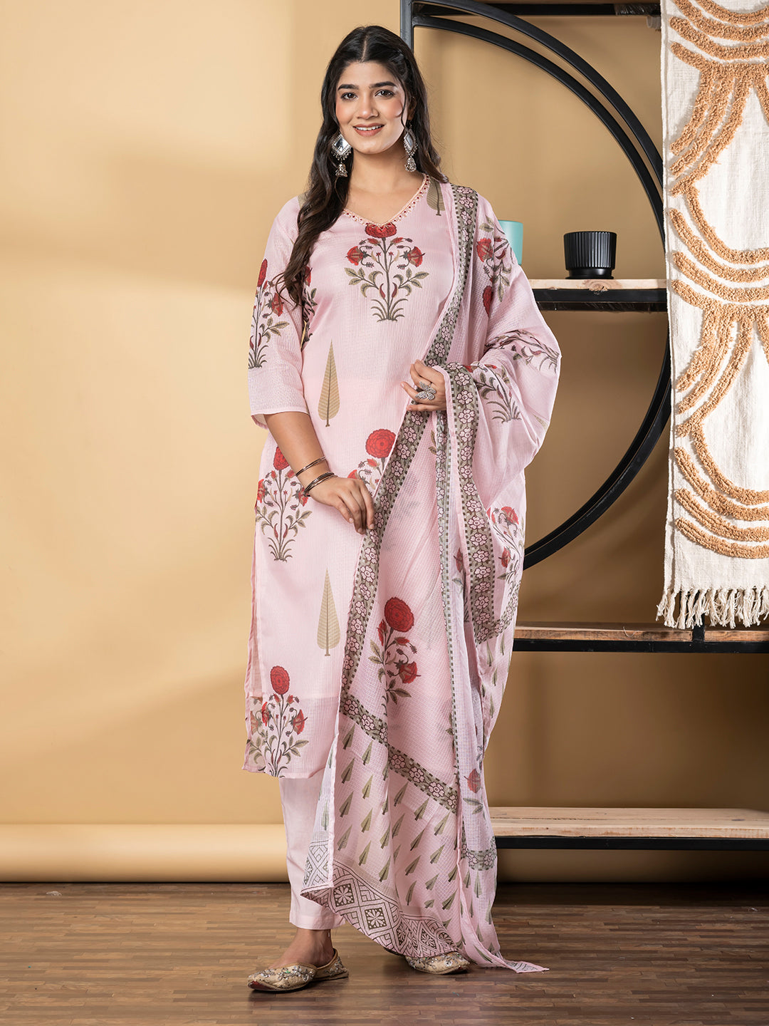 Straight Style Kota Doria Fabric Pink Color Kurta And Bottom With Dupatta