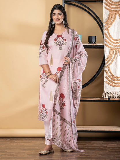 Straight Style Kota Doria Fabric Pink Color Kurta And Bottom With Dupatta