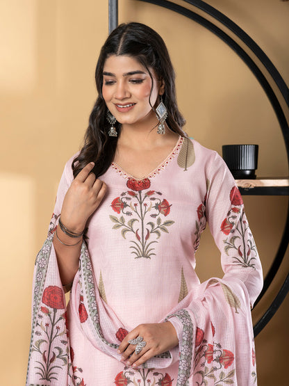 Straight Style Kota Doria Fabric Pink Color Kurta And Bottom With Dupatta