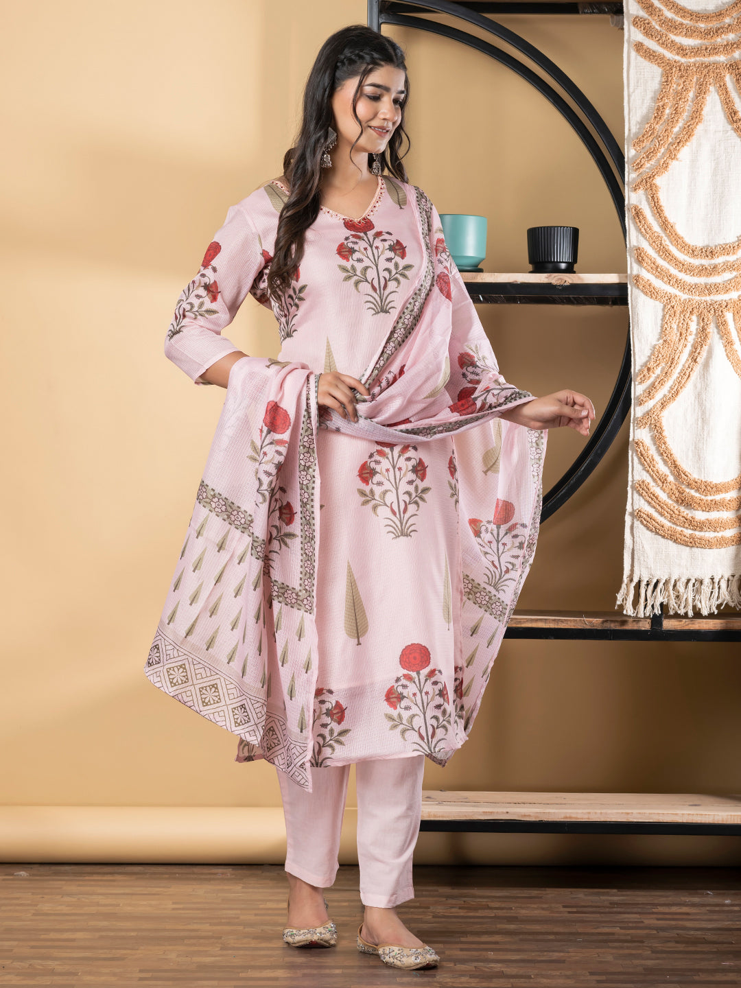 Straight Style Kota Doria Fabric Pink Color Kurta And Bottom With Dupatta