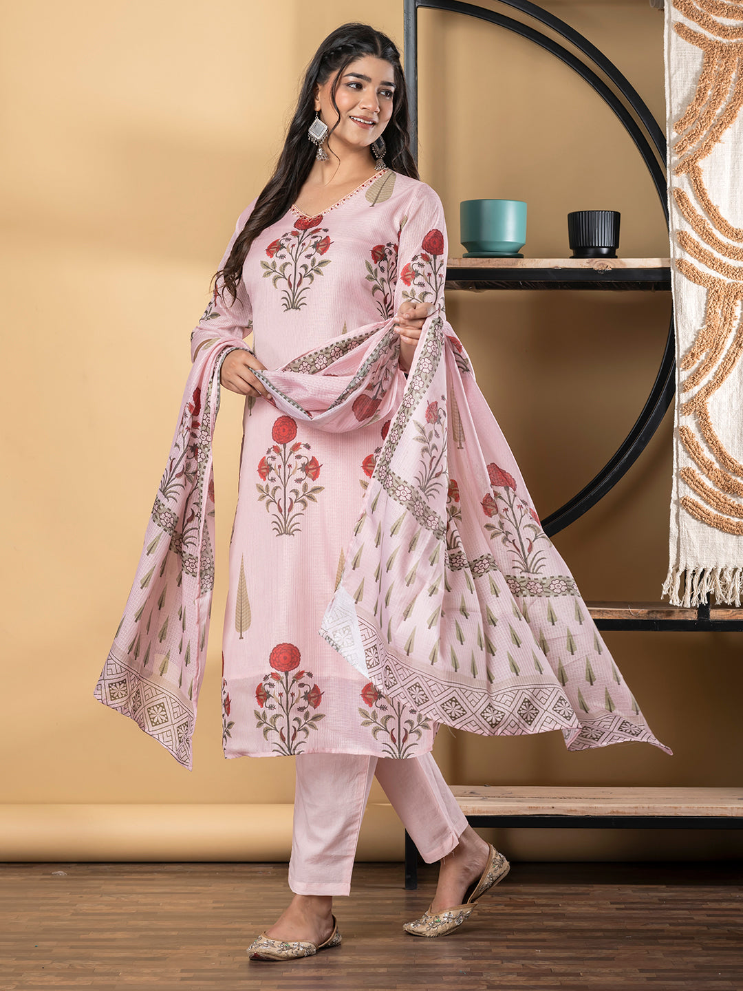 Straight Style Kota Doria Fabric Pink Color Kurta And Bottom With Dupatta