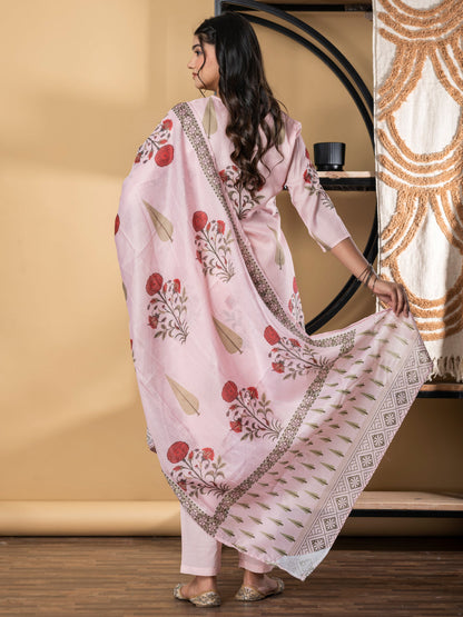 Straight Style Kota Doria Fabric Pink Color Kurta And Bottom With Dupatta