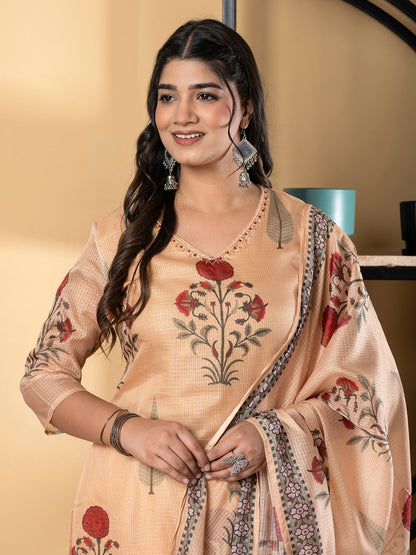 Straight Style Kota Doria Fabric Mustard Color Kurta And Bottom With Dupatta