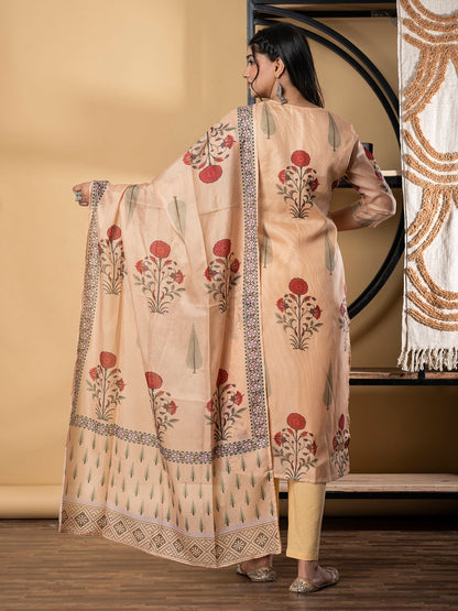 Straight Style Kota Doria Fabric Mustard Color Kurta And Bottom With Dupatta