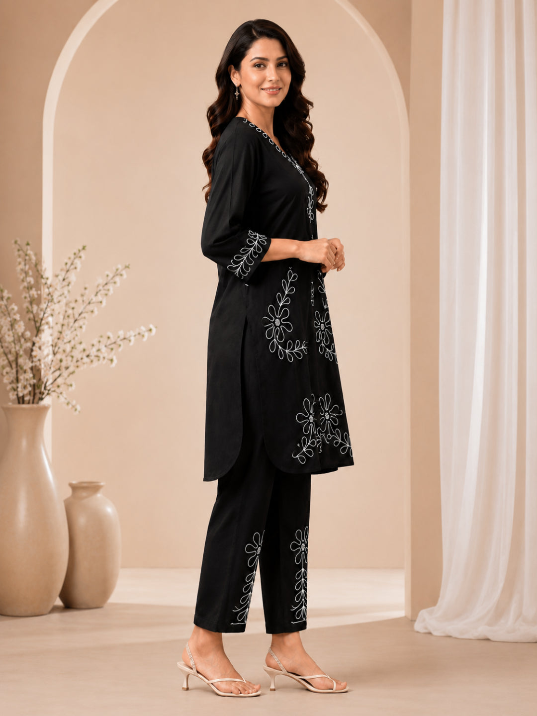 Cotton Embroidery Three-Quarter Sleeves Kurta Sets