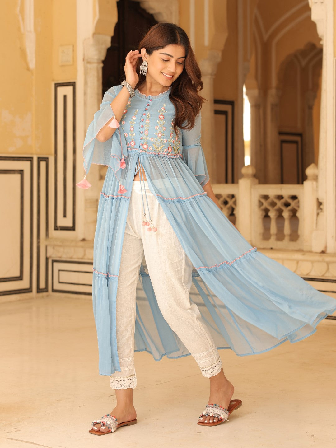 Powder Blue Chiffon Floral Embroidered Tiered Kurta With Pants (2-Pcs)