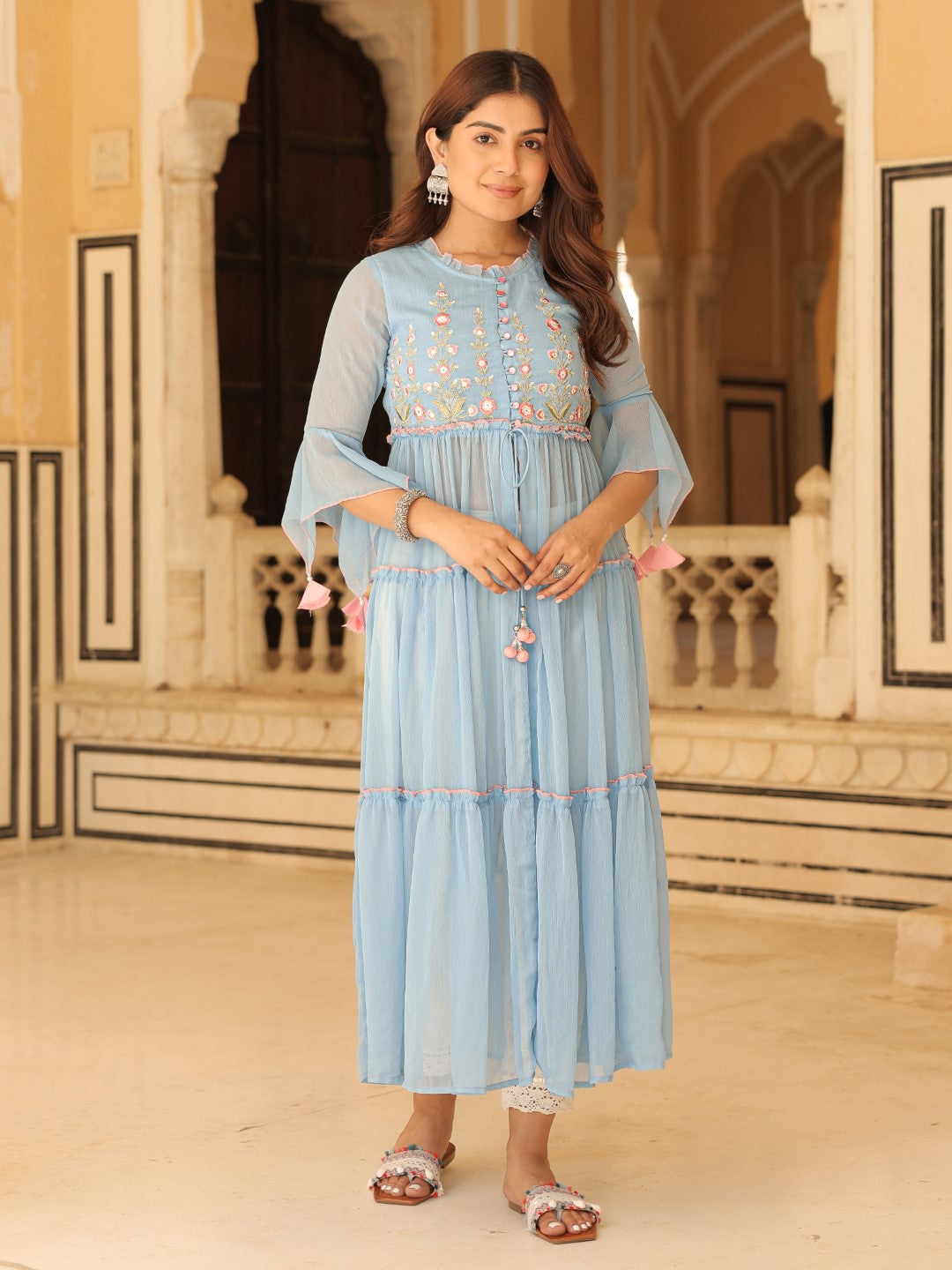 Powder Blue Chiffon Floral Embroidered Tiered Kurta With Pants (2-Pcs)