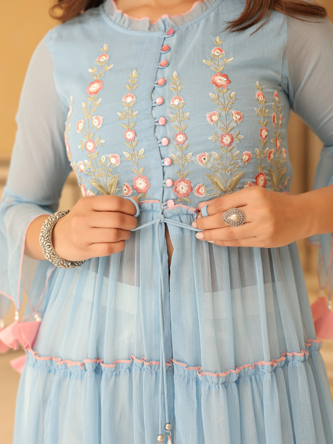 Powder Blue Chiffon Floral Embroidered Tiered Kurta With Pants (2-Pcs)