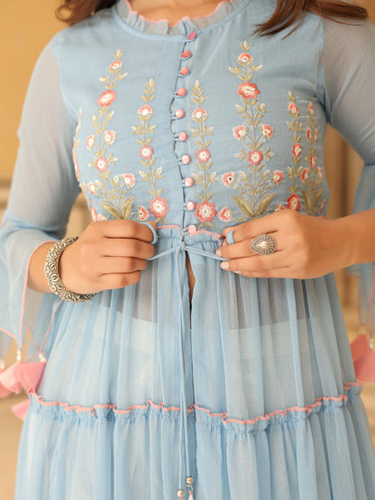 Powder Blue Chiffon Floral Embroidered Tiered Kurta With Pants (2-Pcs)