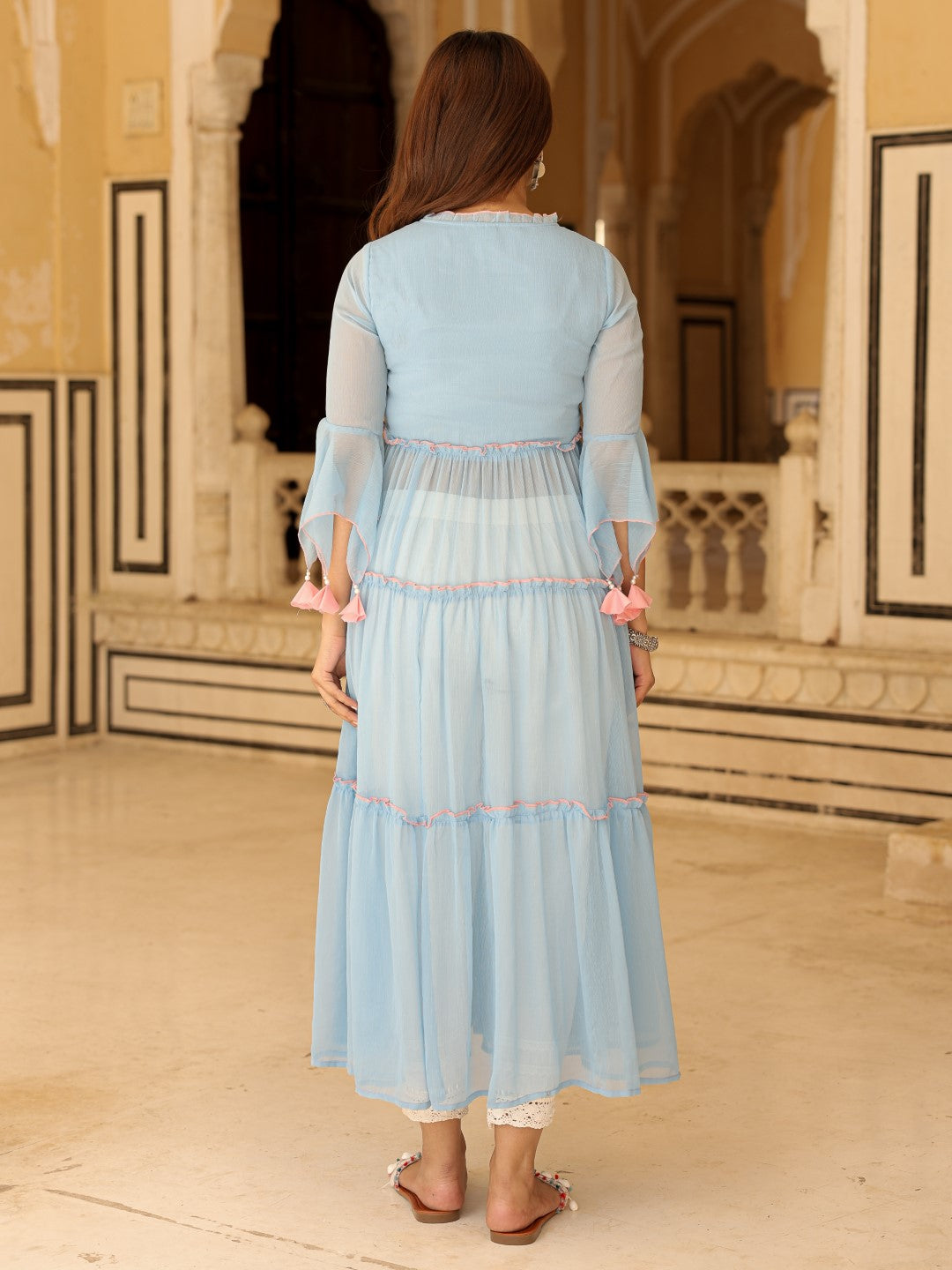 Powder Blue Chiffon Floral Embroidered Tiered Kurta With Pants (2-Pcs)