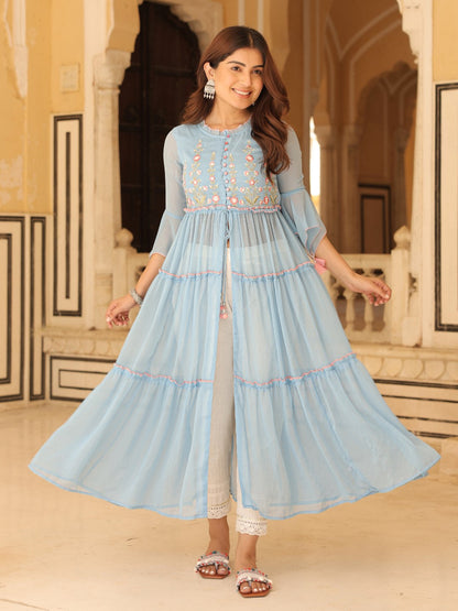 Powder Blue Chiffon Floral Embroidered Tiered Kurta With Pants (2-Pcs)