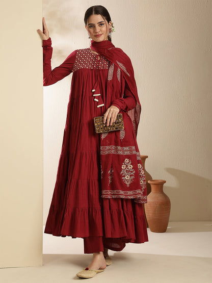 Cotton Calf Length Printed Full Sleeve Key Hole Neck Tired Kurta Bottom With Dupatta (Preorder)