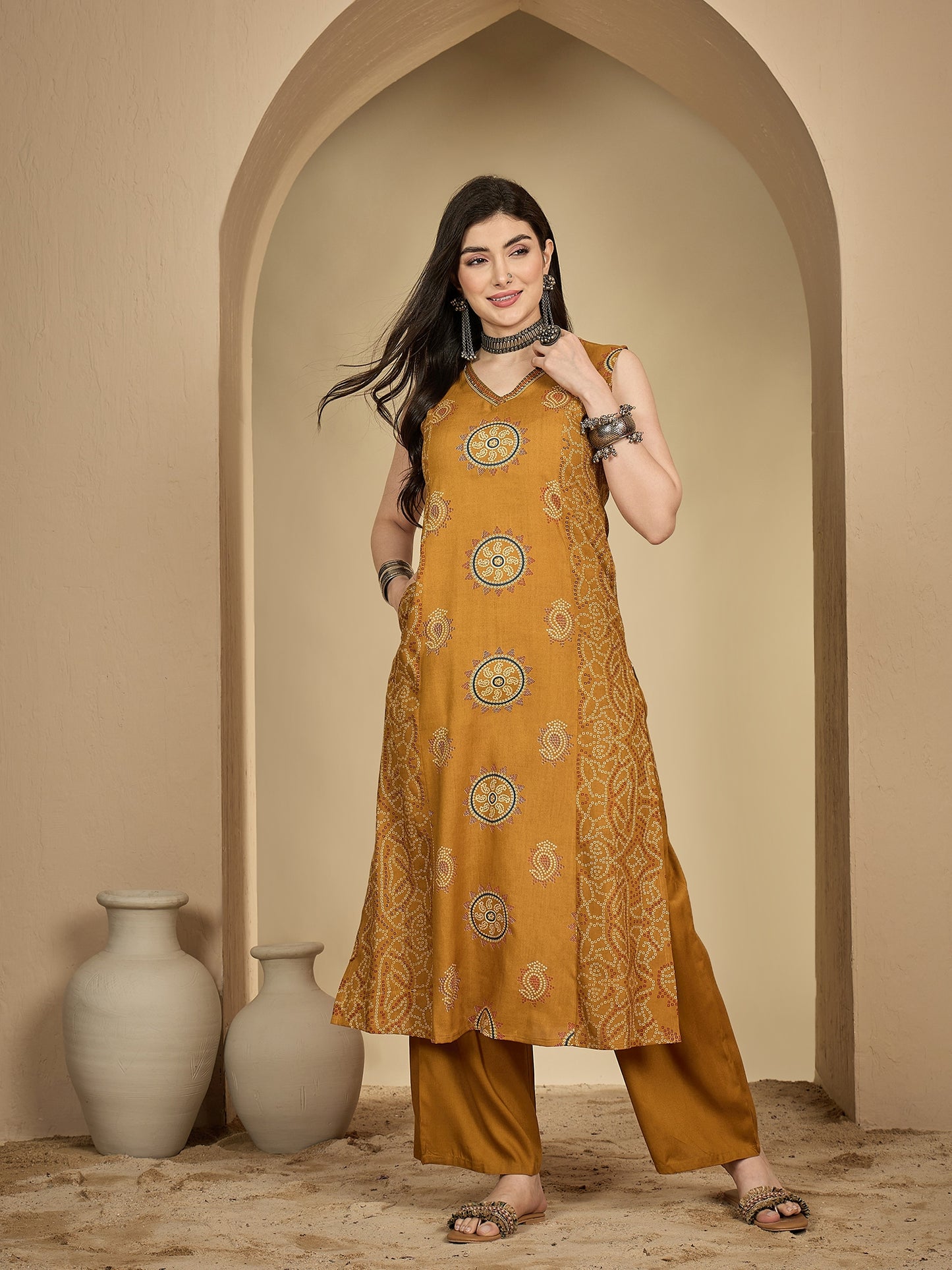 Rayon Calf Length Printed Sleeveless V-Neck A-Line Kurta Suit Set