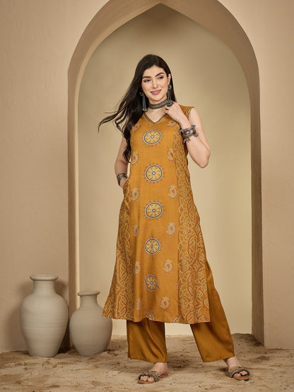 Rayon Calf Length Printed Sleeveless V-Neck A-Line Kurta Suit Set