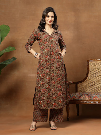 Straight Printed Cotton Shirt Collar Kurta Set