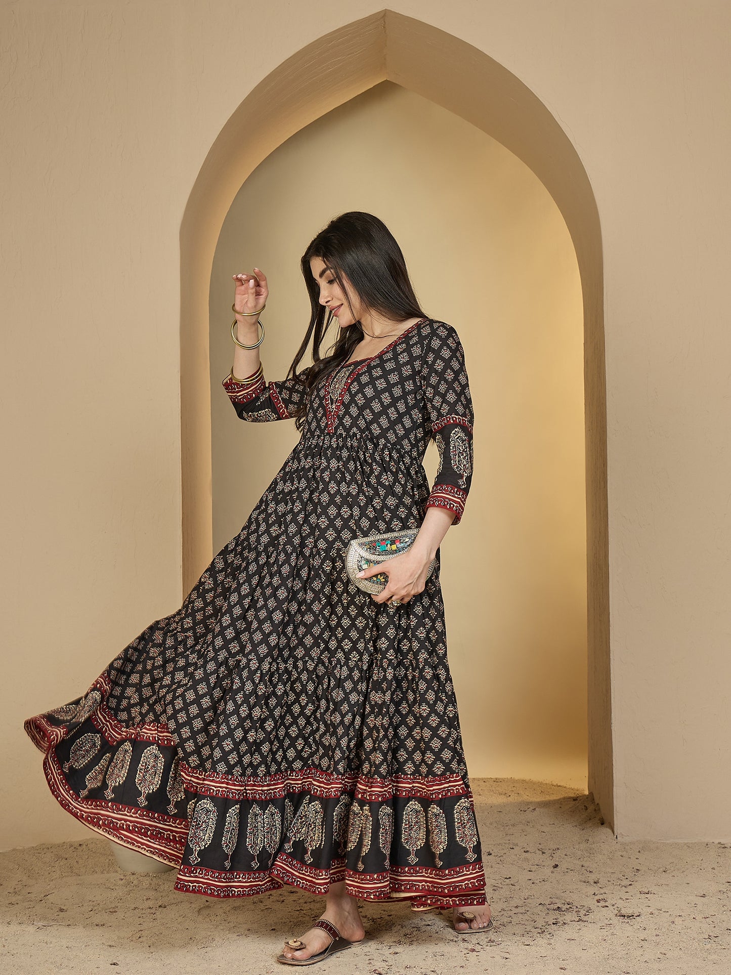 Cotton Ankle Length Printed 3/4 Sleeves V-Neck Anarkali Kurta