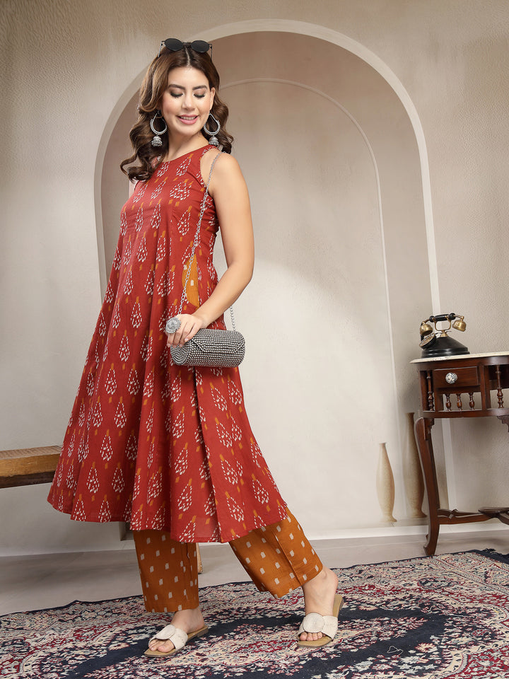 Flared Printed Cotton Round Neck Kurta Set