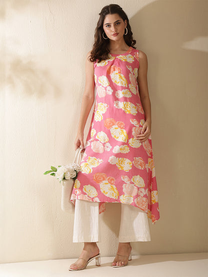 Rayon Calf Length Printed Sleeveless Round Neck Asymmetrical Kurta