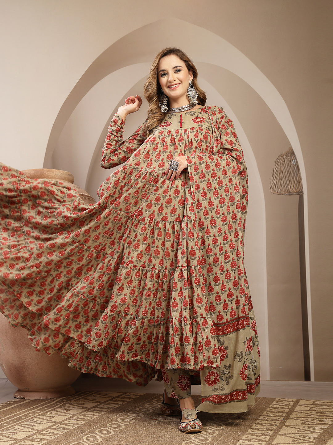 Malmal Calf Length Printed 3/4 Sleeve Round Neck Anarkali Kurta Suit Set
