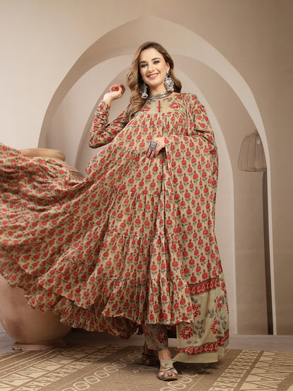 Malmal Calf Length Printed 3/4 Sleeve Round Neck Anarkali Kurta Suit Set