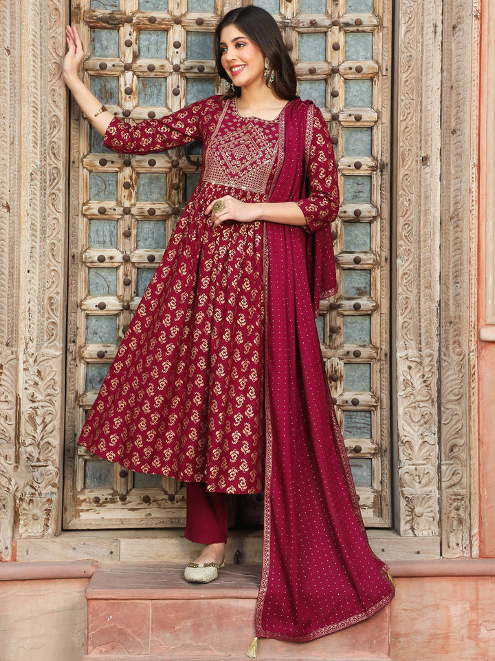 Rayon Calf Length Printed Flared 3/4 Sleeves Round Neck Kurta Bottom Dupatta Set