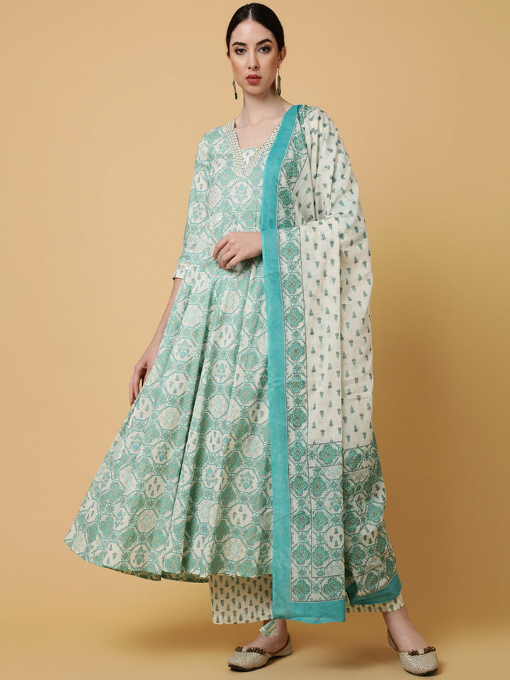 Cotton Calf Length Printed Flared 3/4 Sleeves V-Neck Kurta Bottom Dupatta Set