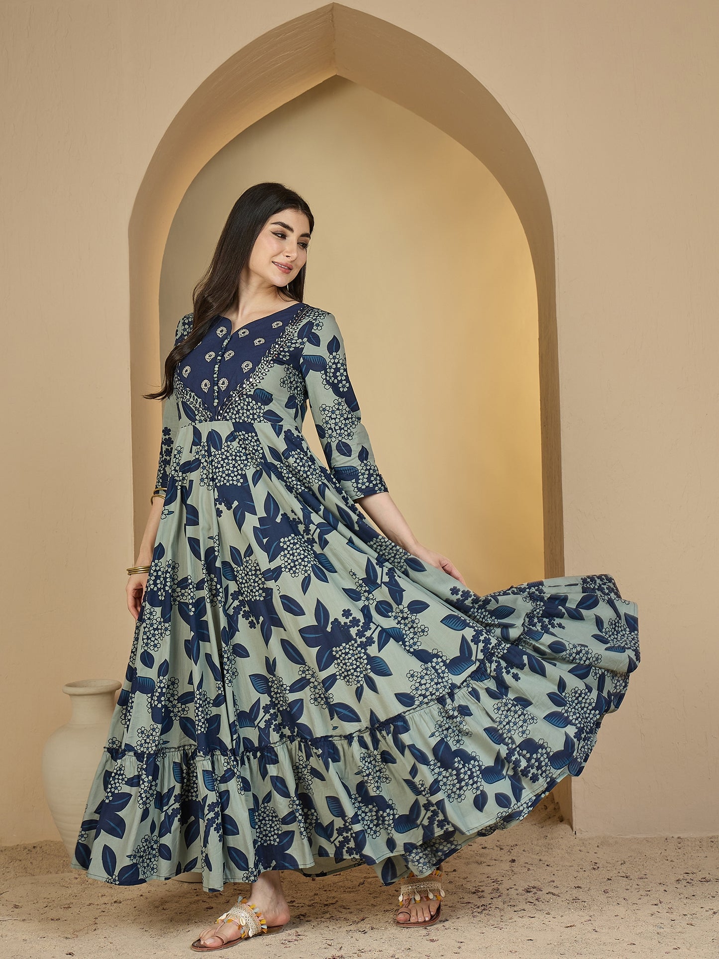 Cotton Ankle Length Printed 3/4 Sleeves Sweetheart Neck Anarkali Kurta