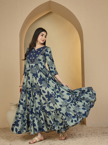 Cotton Ankle Length Printed 3/4 Sleeves Sweetheart Neck Anarkali Kurta