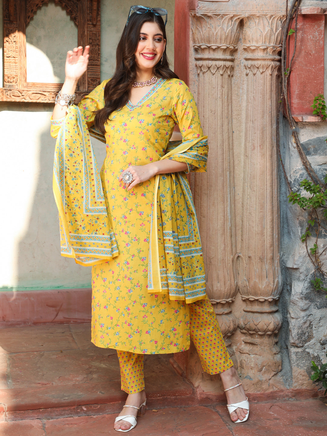 Cotton Calf Length Printed Straight 3/4 Sleeves V-neck Kurta Bottom Dupatta Set