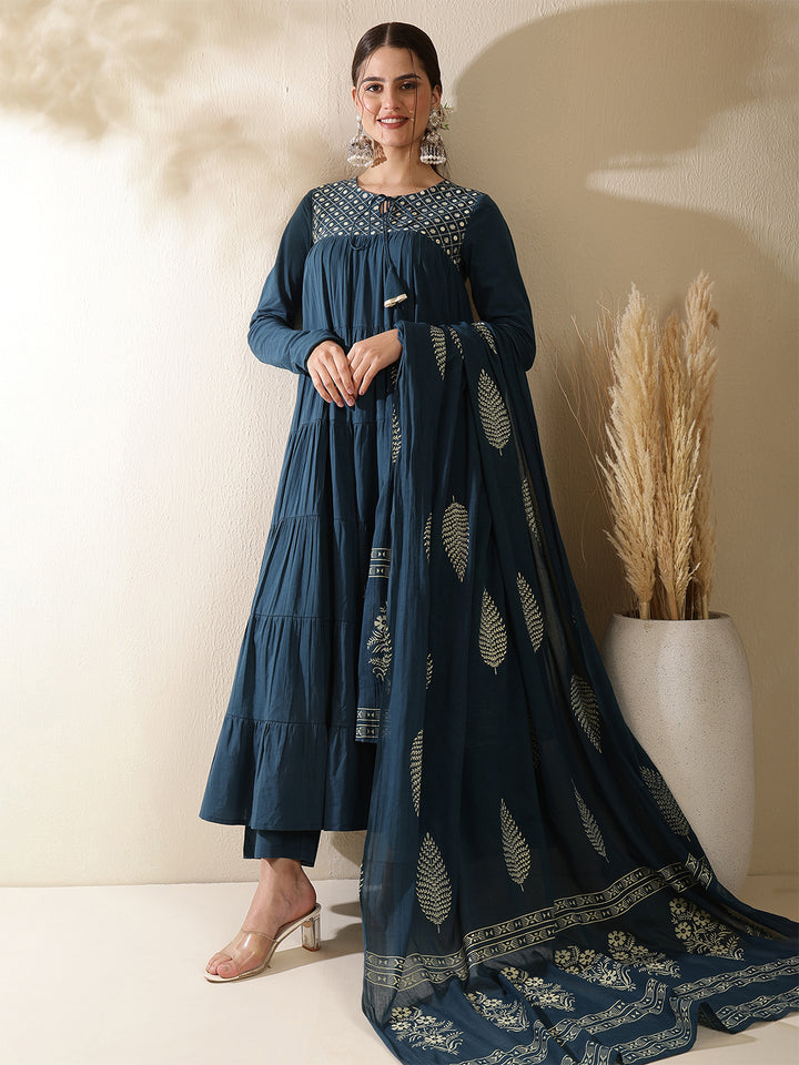 Cotton Calf Length Printed Full Sleeve Key Hole Neck Tiered Kurta Bottom With Dupatta