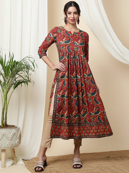 Rayon  Calf Length Printed Semi-Flared 3/4 Sleeves Round Kurta
