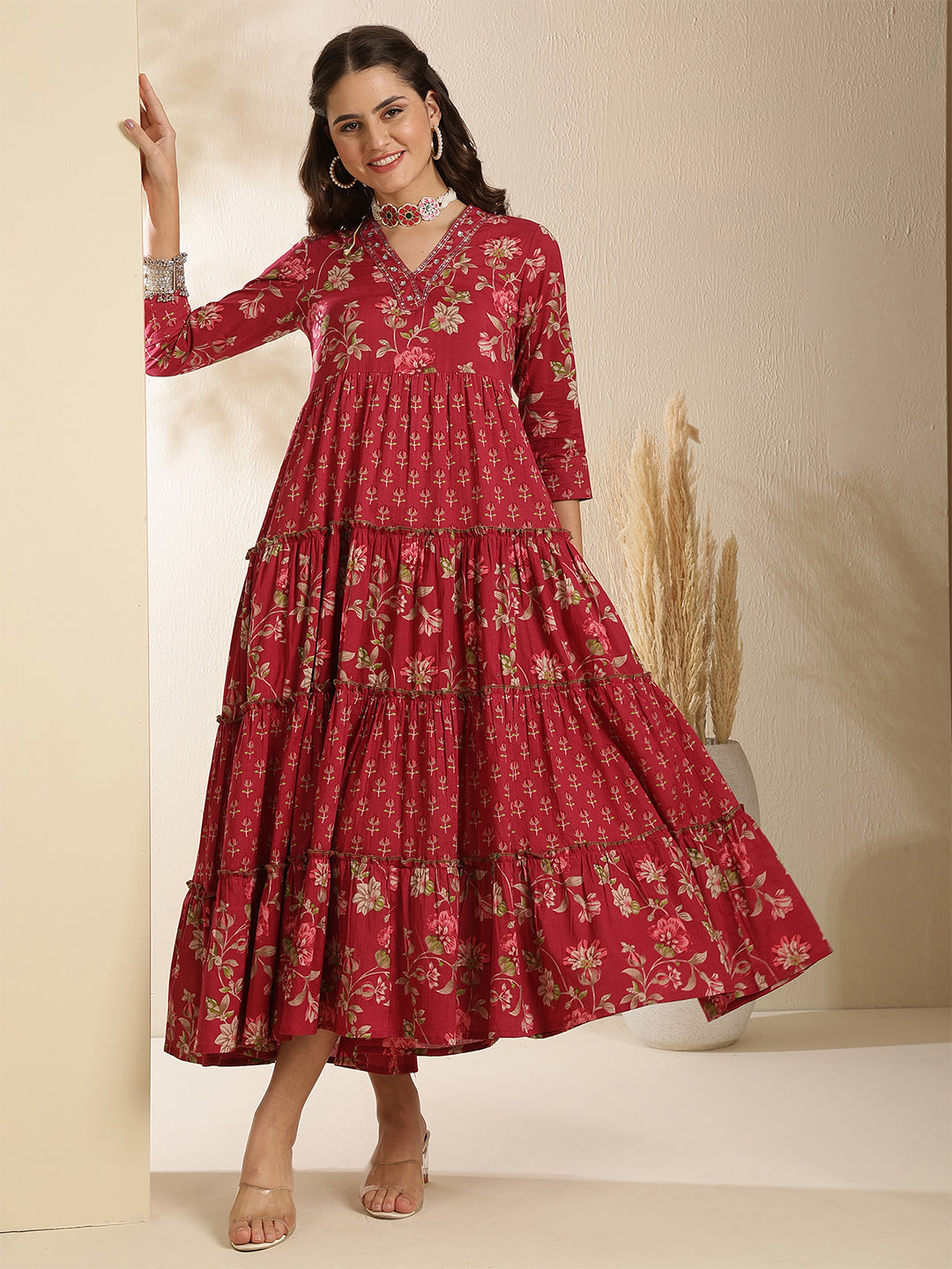 Cotton Calf Length Printed 3/4 Sleeves V-Neck Anarkali Kurta