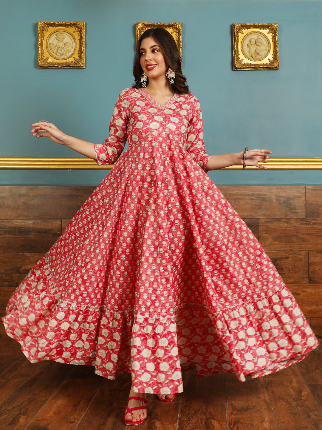 Cotton Ankle Length Printed Flared 3/4 Sleeves V-neck Kurta (Preorder)