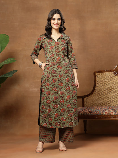 Straight Printed Cotton Shirt Collar Kurta Set
