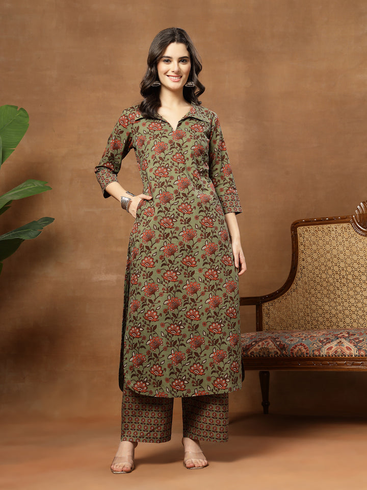 Straight Printed Cotton Shirt Collar Kurta Set