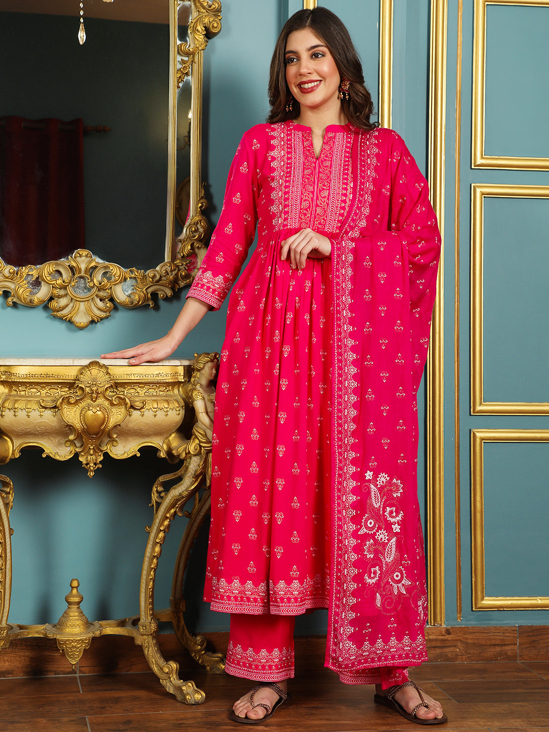 Rayon Calf Length Printed Flared 3/4 Sleeves Mandarin Neck Kurta Bottom Dupatta Set