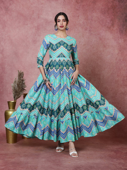 Rayon  Ankle Length Printed Flared 3/4 Sleeves Round Kurta