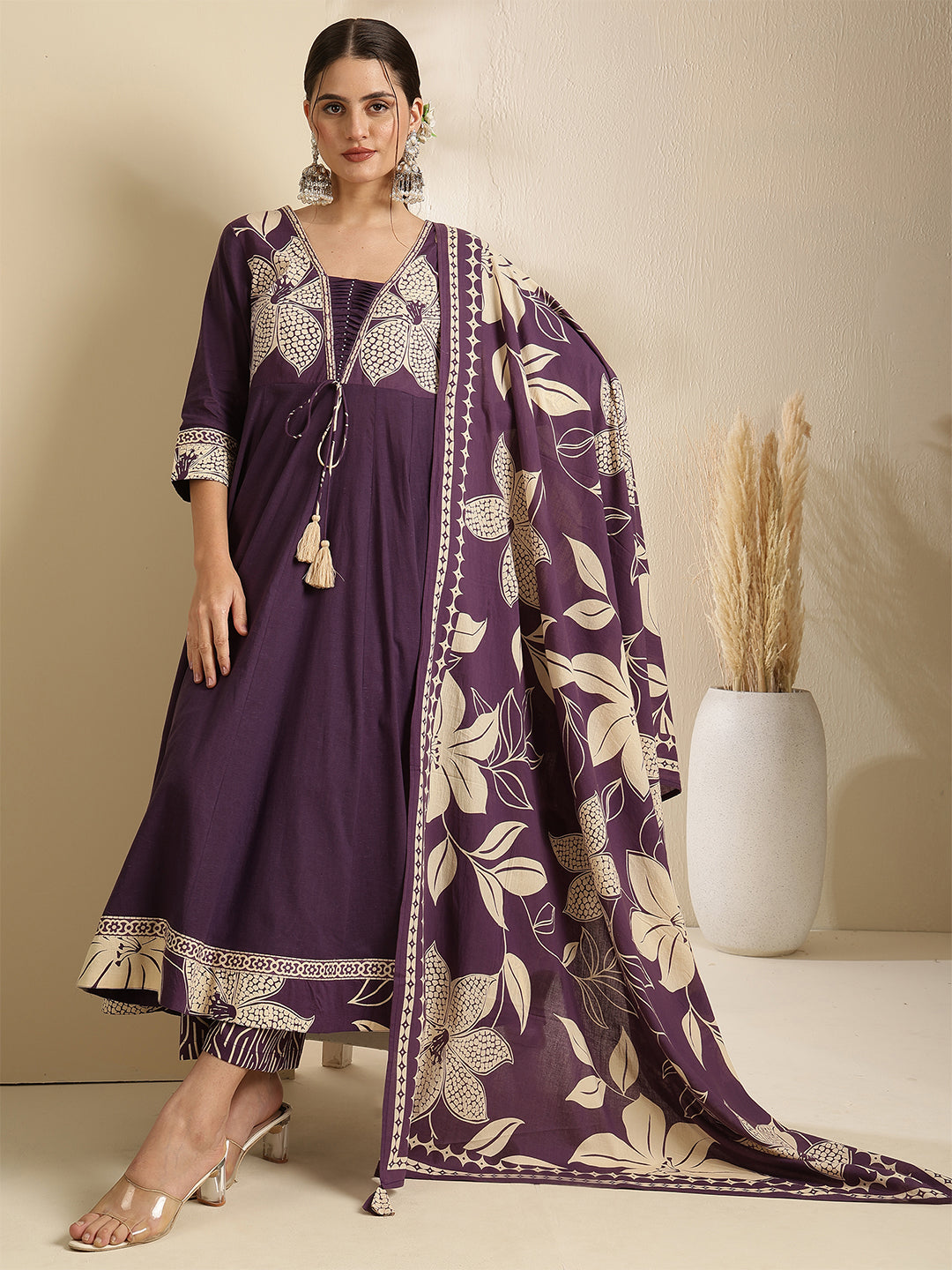 Cotton Calf Length Printed 3/4 Sleeve V-Neck Anarkali Kurta Bottom With Dupatta