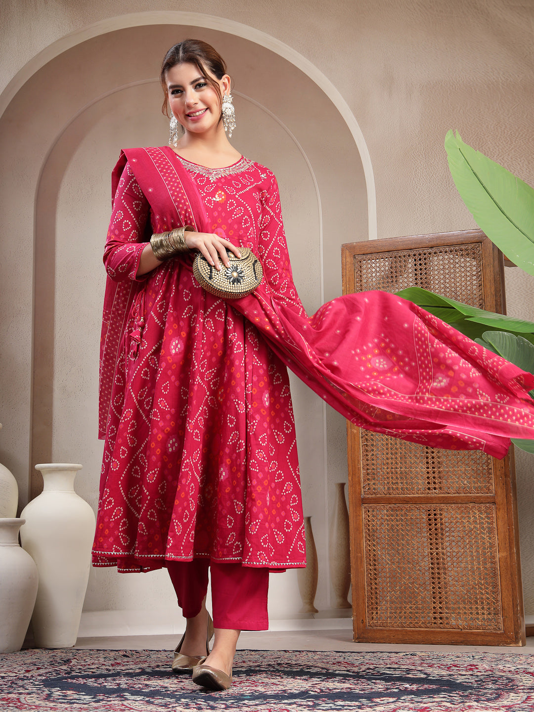 Flared Printed Cotton V-Neck Kurta Set With Dupatta