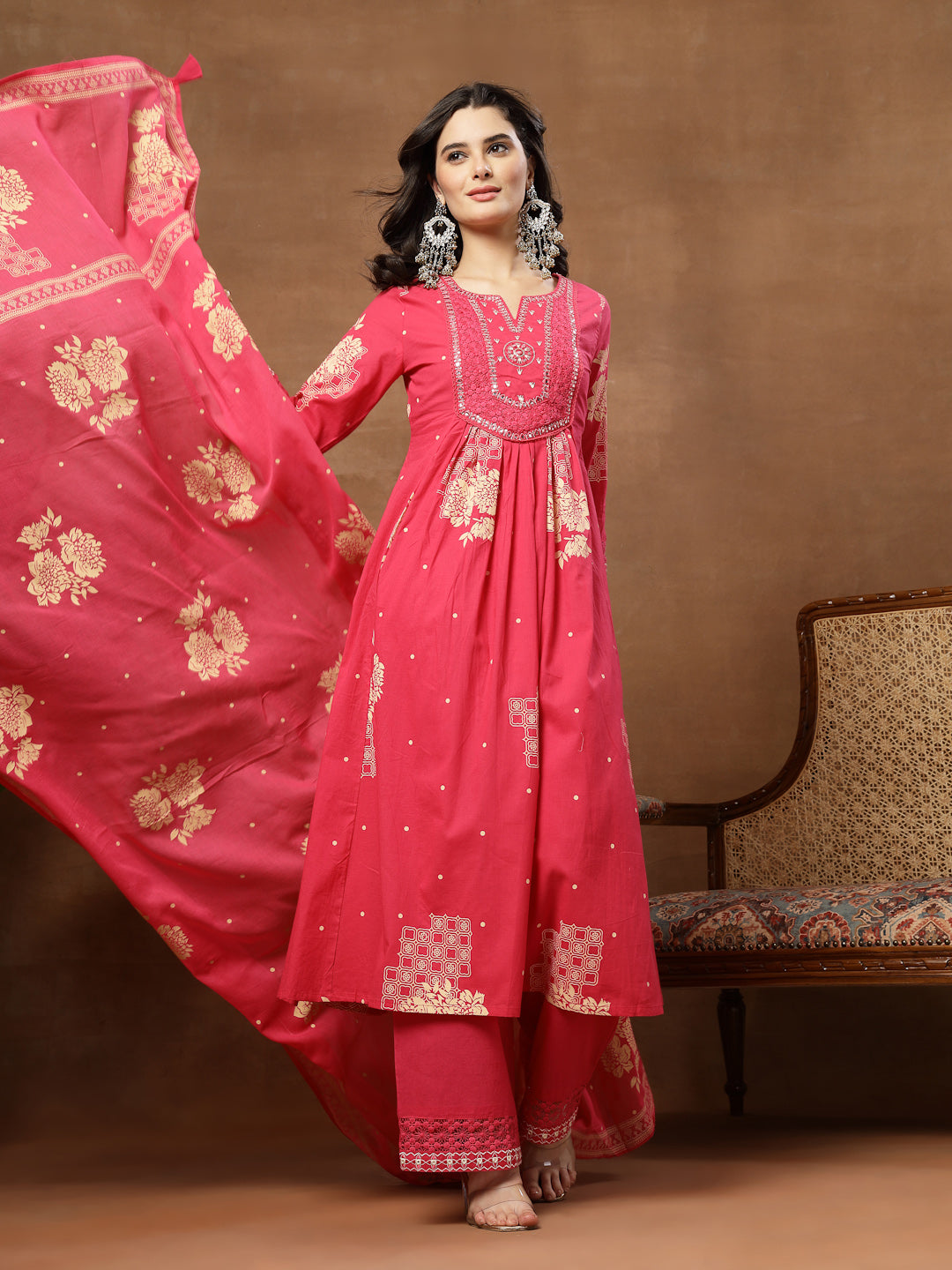 Flared Printed Cotton Round Neck Kurta Set With Dupatta