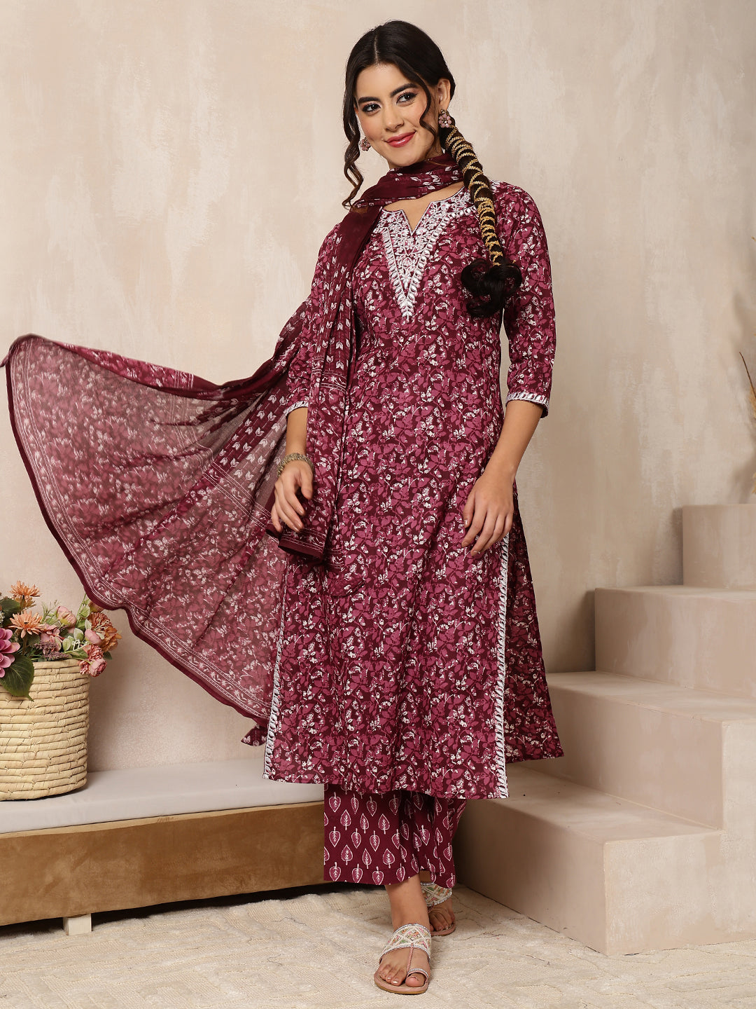 Cotton Calf Length Printed Straight 3/4 Sleeves V-Neck Kurta Bottom Dupatta Set