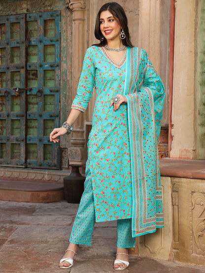 Cotton Calf Length Printed Straight 3/4 Sleeves V-neck Kurta Bottom Dupatta Set