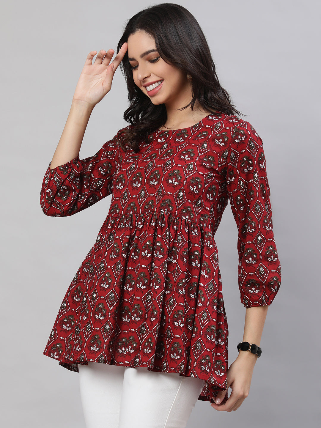 Printed 3/4 Sleeves Regular Pure Cotton  Top